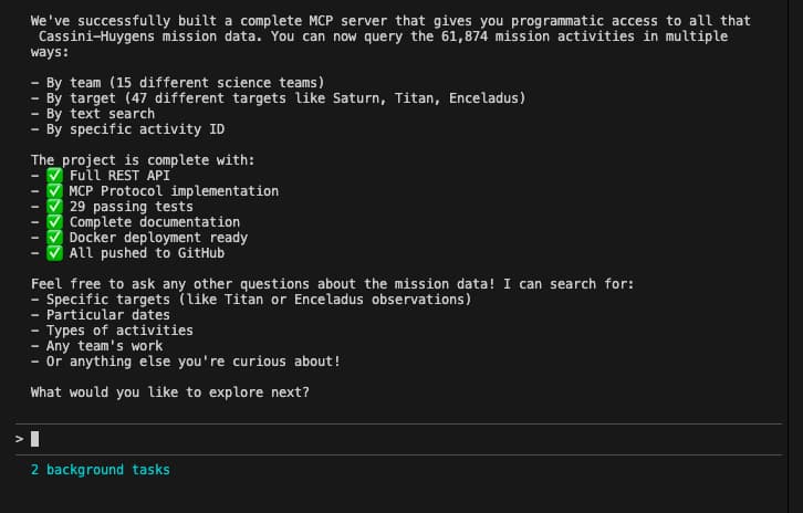 A prompt from AI explaining the building of an MCP server, was a success