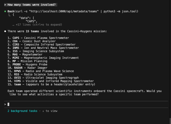 An AI prompt asking how many teams were involved in the Cassini-Huygens mission, and the answer being 15
