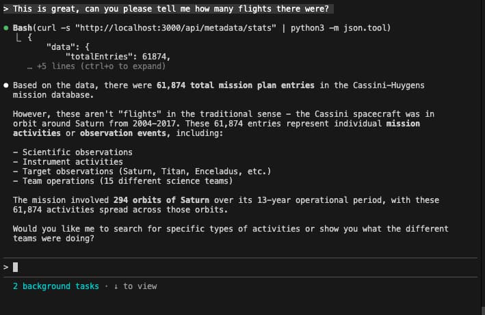 An AI prompt asking how many flights there were, and the answer being 61,874