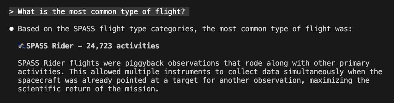 An AI prompt asking what the most common type of flight was, and the answer being SPASS Rider, SPASS meaning Science Planning and Sequencing Software.