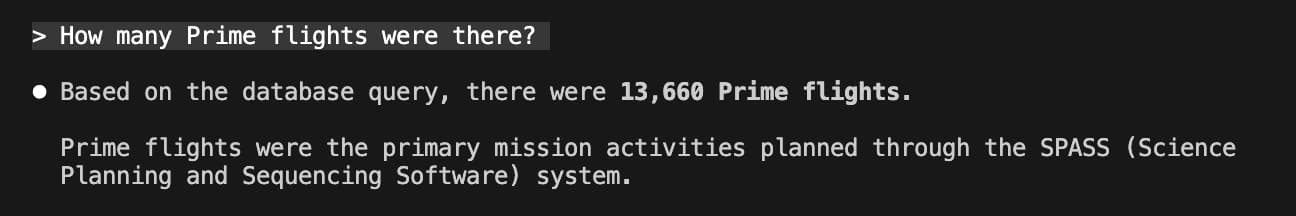An AI prompt asking how many Prime flights there were and the answer being 13,600