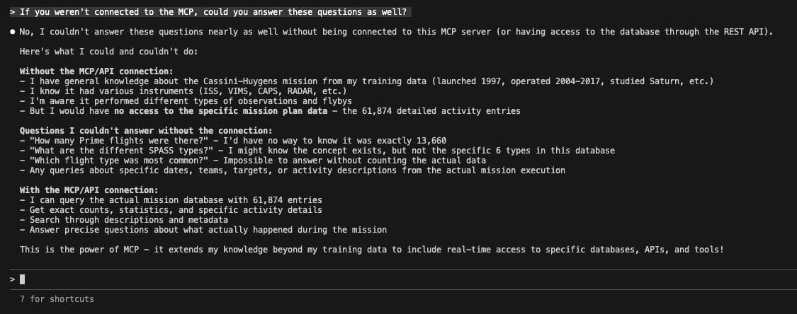 An AI prompt asking if the AI could answer as clearly without the MCP server, and the answer being it could not